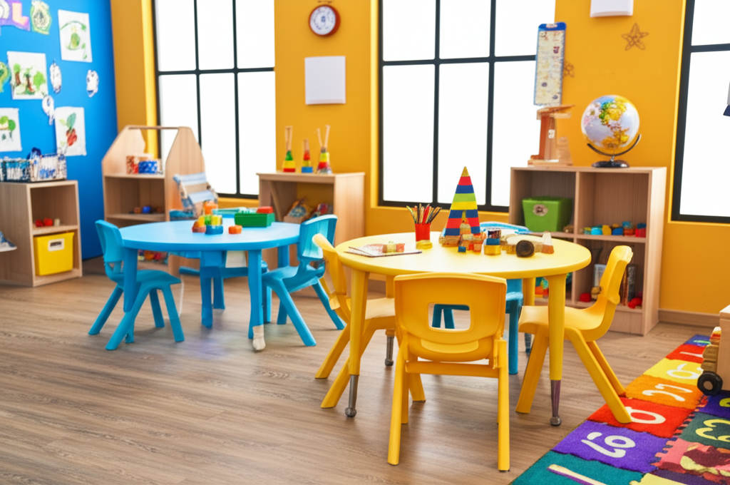 Colorful learning space with children and teachers in a modern childcare center